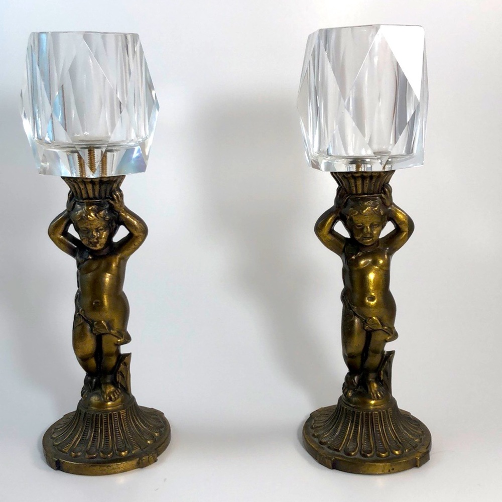 Vintage Brass Cherub & Crystal Candle Holders